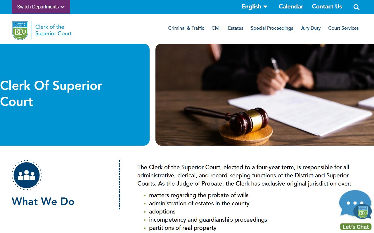 Durham County Clerk of Superior Court division and room directory