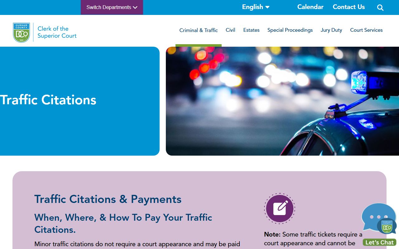 Durham County Clerk of Superior Court traffic citation payment and court costs