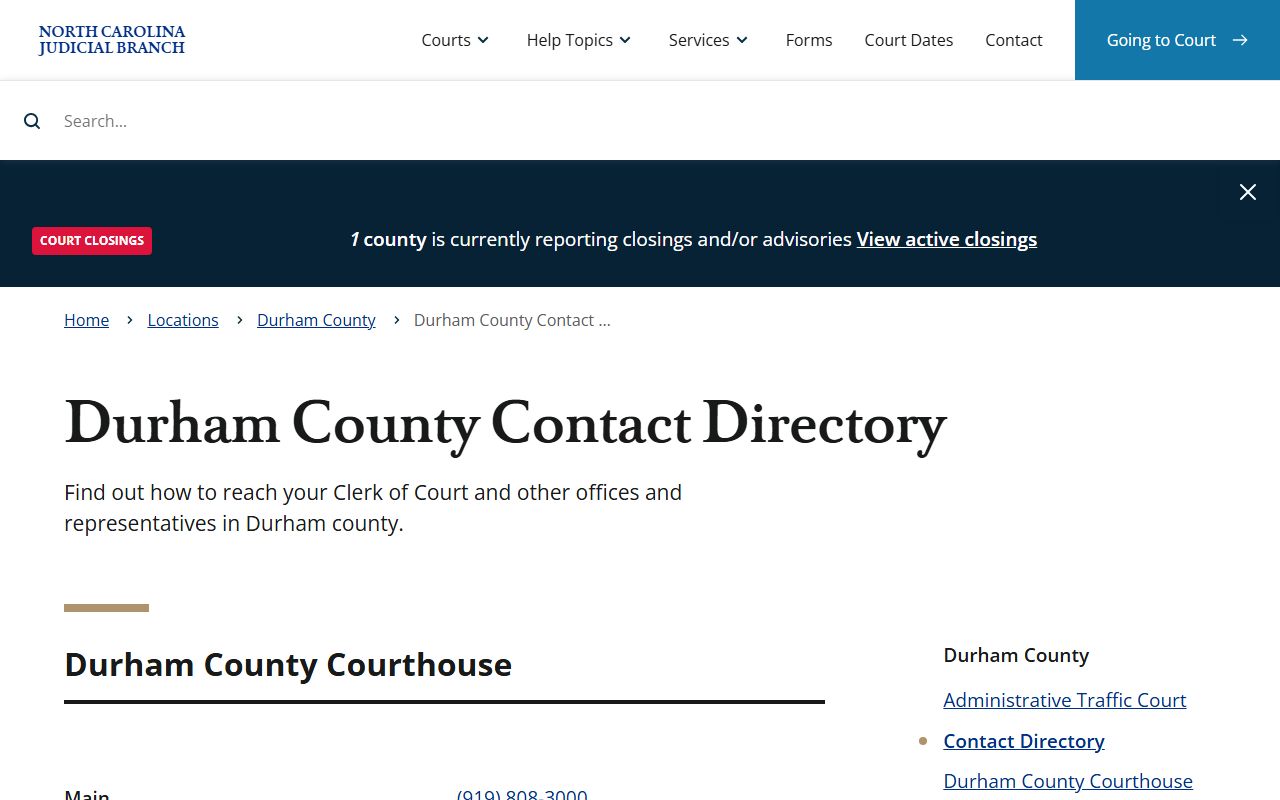 Durham County court records contact directory for clerk judges and DA