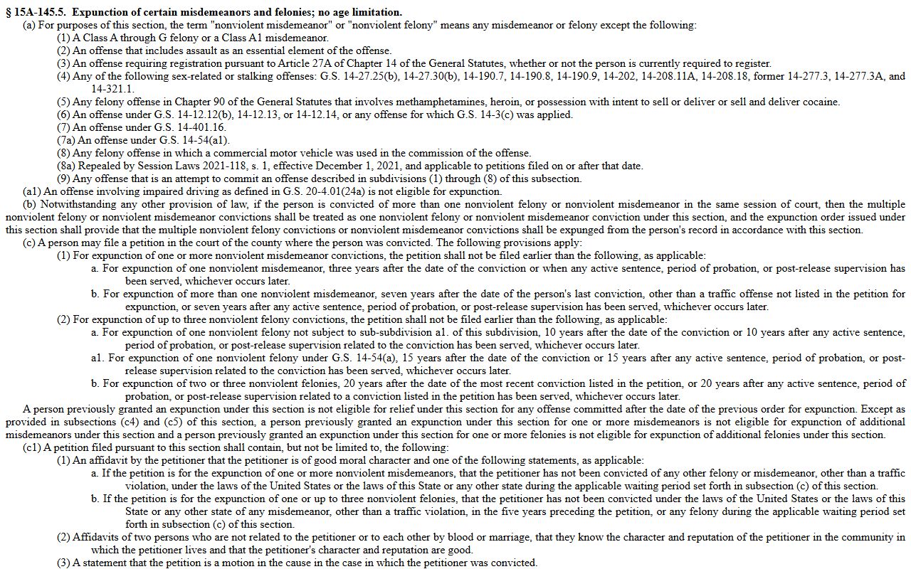 Durham County probate records expunction statute N.C.G.S. 15A-145.5 nonviolent convictions