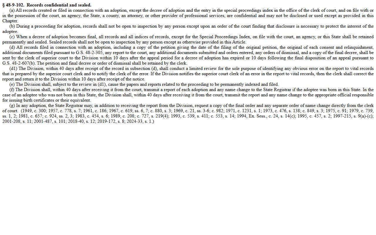 Durham County probate records adoption confidentiality statute N.C.G.S. 48-9-102