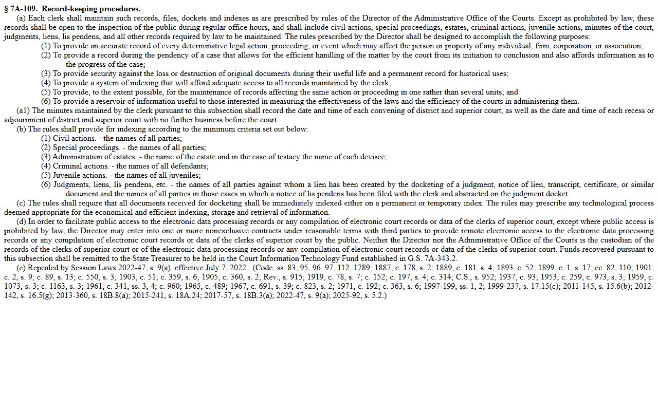 Durham County probate records statute N.C.G.S. 7A-109 clerk record-keeping