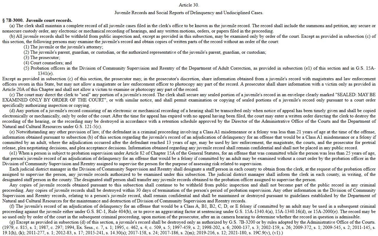 Durham County probate records juvenile record confidentiality N.C.G.S. 7B-3000