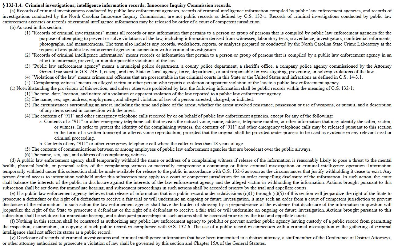 Durham County public records N.C.G.S. 132-1.4 criminal investigation records statute