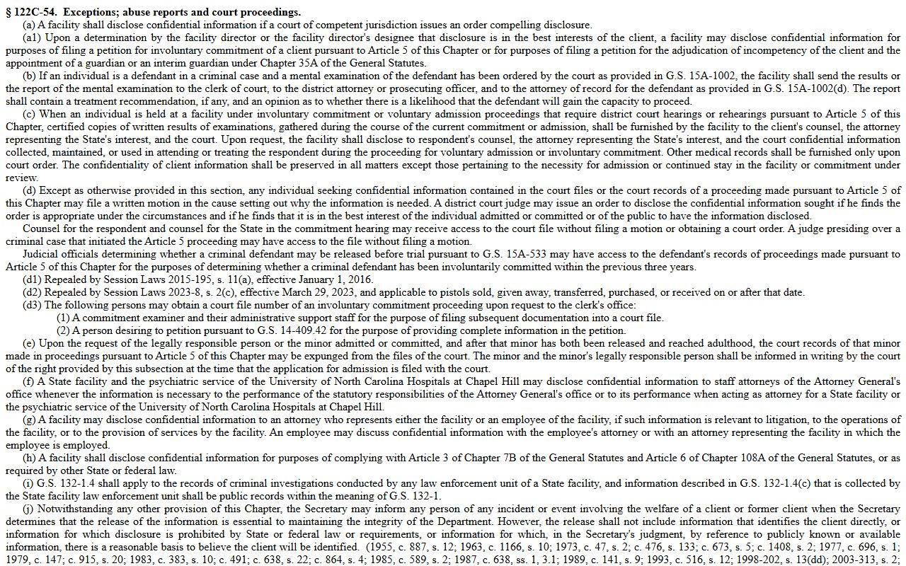 Durham County warrant records mental health confidentiality statute N.C.G.S. 122C-54